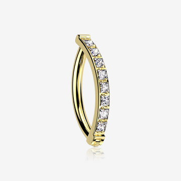 Implant Grade Titanium Golden Square Gem Lined Minimalist Curved Bar Belly Clicker-Clear Gem